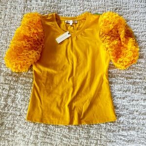 New Anthropologie top mustard yellow short sleeve shirt size XS FLAT WHI…